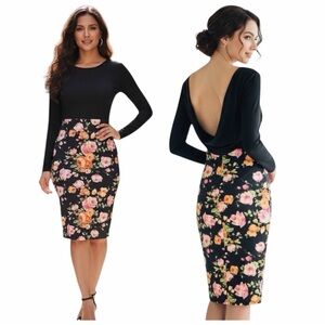 Windsor Floral Bodycon Dress Small Scoop Back Long Sleeve Fitted Midi
